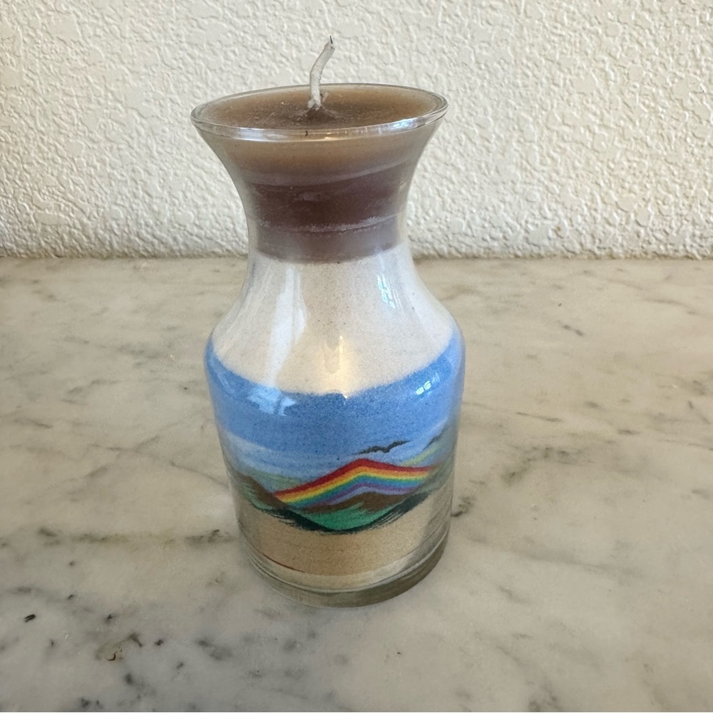 Glass Sand Art Candle Landscape Mountains Rainbow And Blue‎ Sky 5 Inches Tall